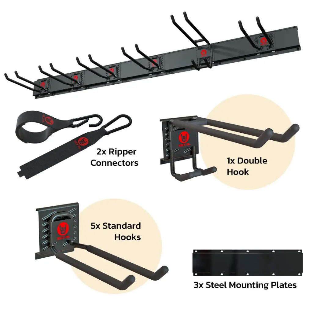 RACK-ON Stellar Rack garage organizer with close-ups of two hook styles and accessories.