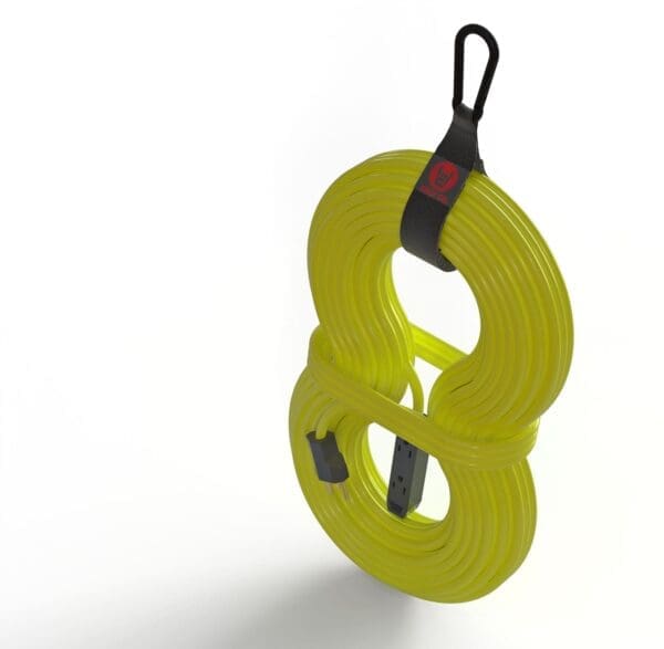 ACC-103-with-Extension-Cord-2_1600 RACK-ON brand Ripper Connector heavy duty hook and loop storage strap with solid black steel carabiner in closed position, wrapped around yellow extension cord.