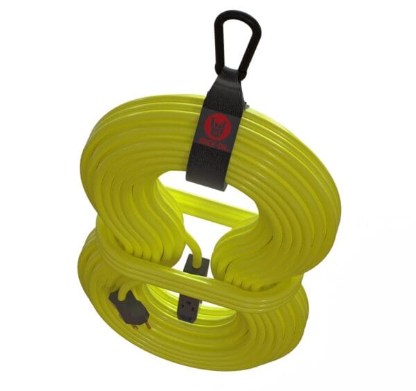 ACC-103-with-Extension-Cord-3_1600 RACK-ON brand Ripper Connector heavy duty hook and loop storage strap with solid black steel carabiner in closed position, wrapped around yellow extension cord.