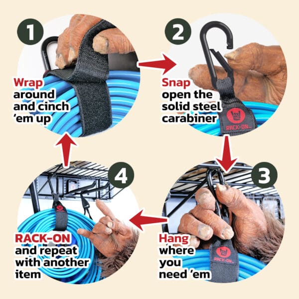 RACK-ON_Ripper-Connector_steps-02 Four steps for using RACK-ON Ripper Connectors hook and loop straps with steel carabiner