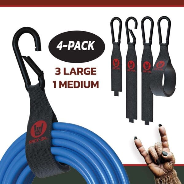 Rack-On_store-images-web_MAIN-ACC103 RACK-ON 4-pack Ripper Connector ACC-103 hook and loop storage strap with steel carabiner.