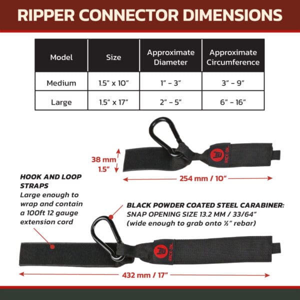Rack-On_store-images_ACC103-measures-web_apr25 illustration demonstrating the sizes of the medium and large size RACK-ON Ripper Connectors hook and loop straps with steel carabiner.