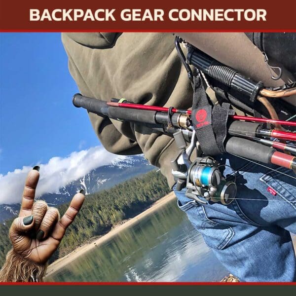 Rack-On_store_ACC103-Backpack_Apr1425 RACK-ON Ripper Connector ACC-103 hook and loop storage strap wrapped around fishing poles connected to backpack.