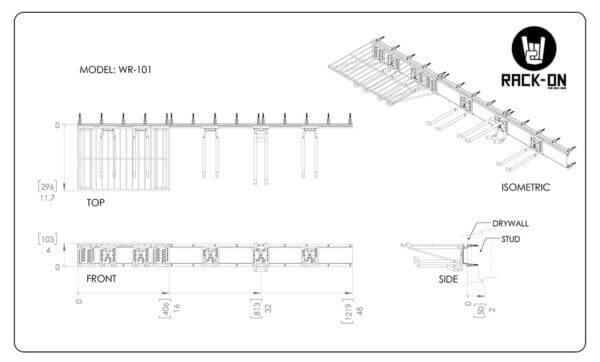 WR-101-Pic-4_dimensions RACK-ON Revelation rack model WR-101 technical drawing showing product dimensions.